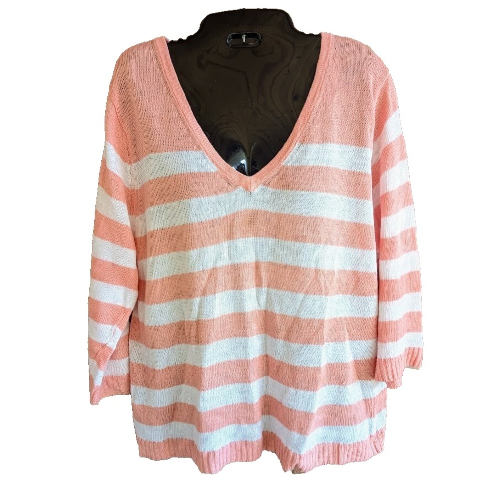 Womens 100% Linen Sweater Size XL Beachy Stripe Nautical Coastal Relaxed Basic